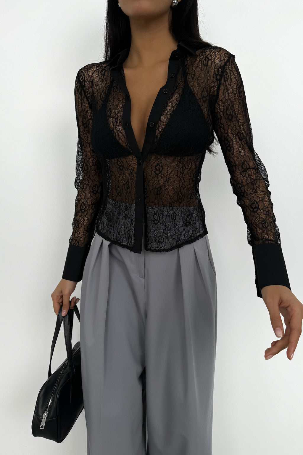 Polo Collar Lace Black Blouse