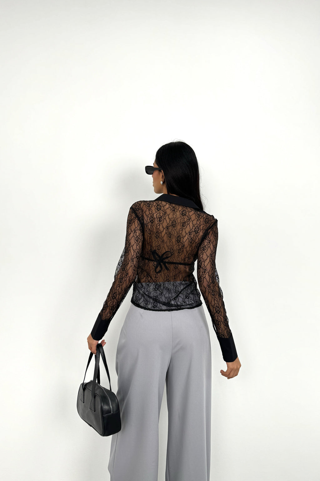 Polo Collar Lace Black Blouse