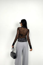 Polo Collar Lace Black Blouse