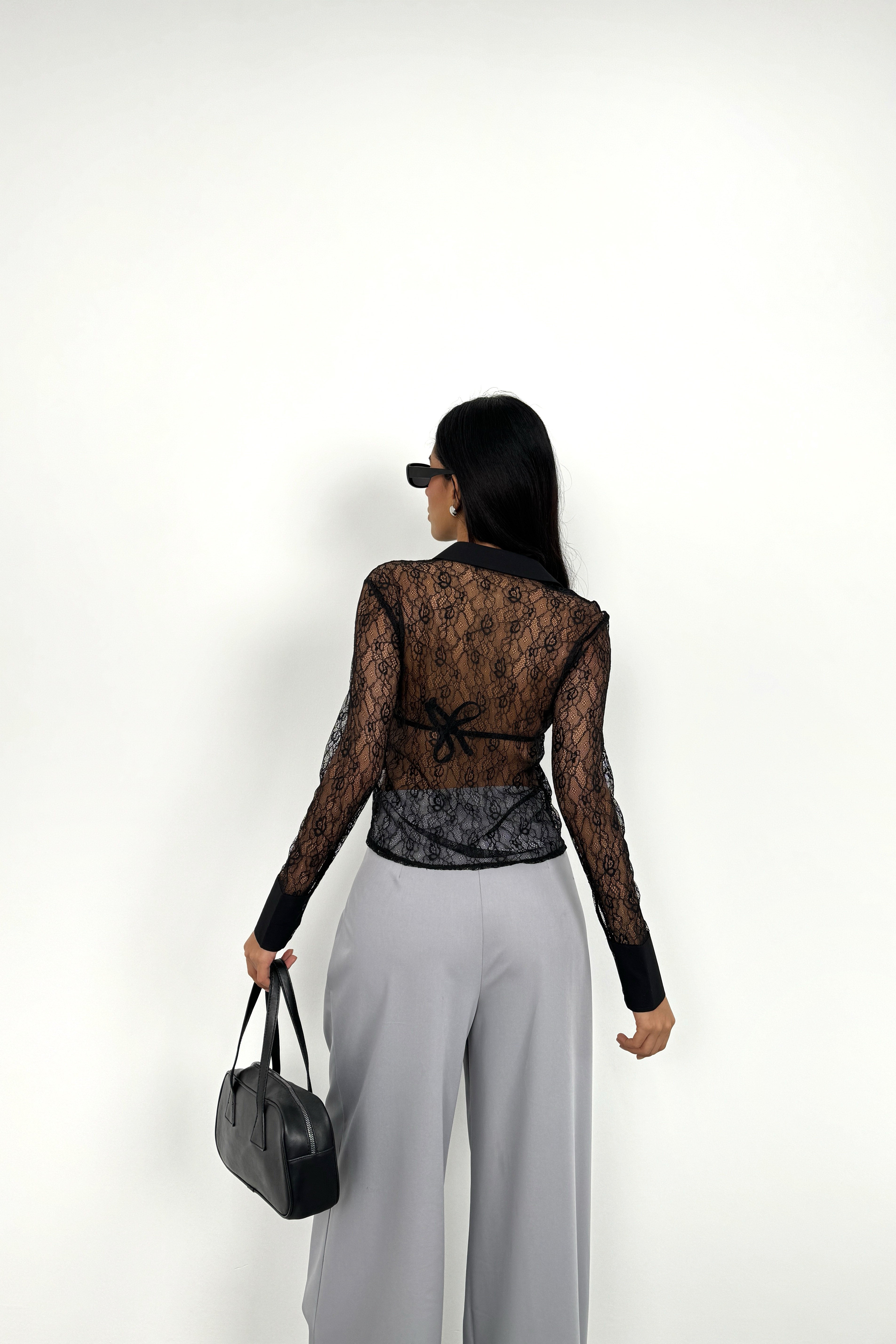 Polo Collar Lace Black Blouse