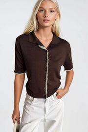 Brown Knit Blouse with Lace Detail and Buttons