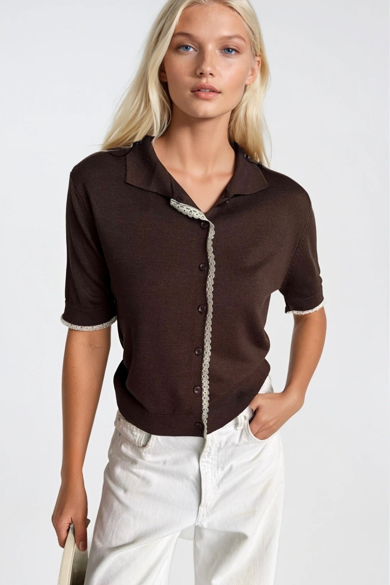 Polo Collar Lace Detail Buttoned Brown Knit Blouse