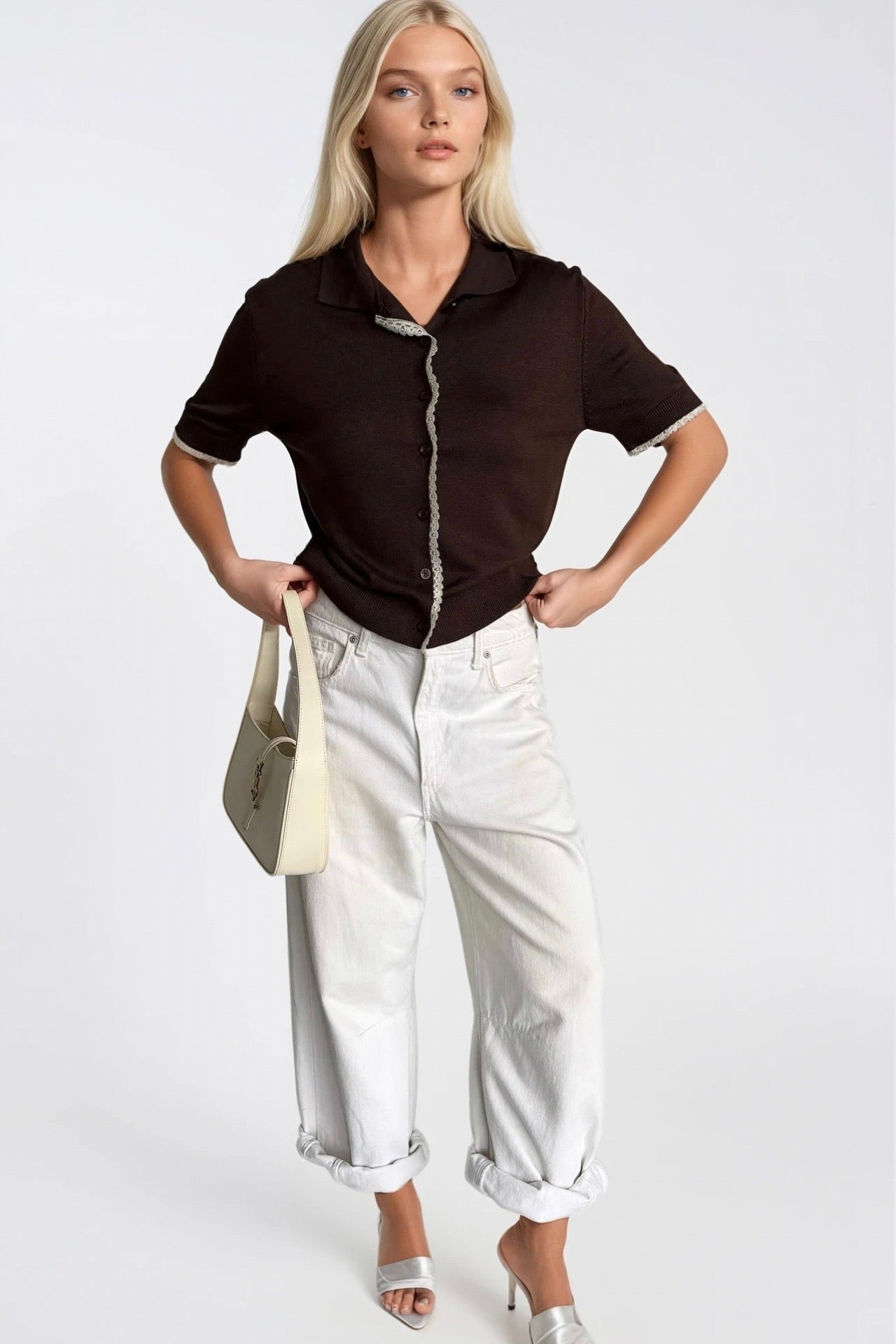 Polo Collar Lace Detail Buttoned Brown Knit Blouse