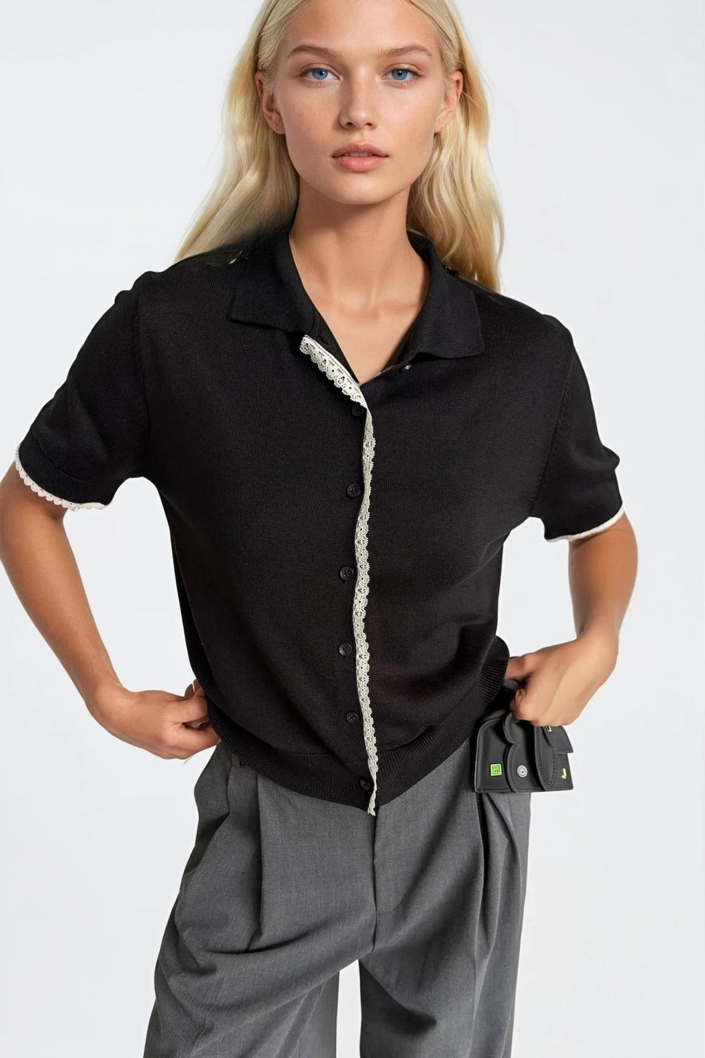 Polo Collar Lace Detail Buttoned Black Knit Blouse