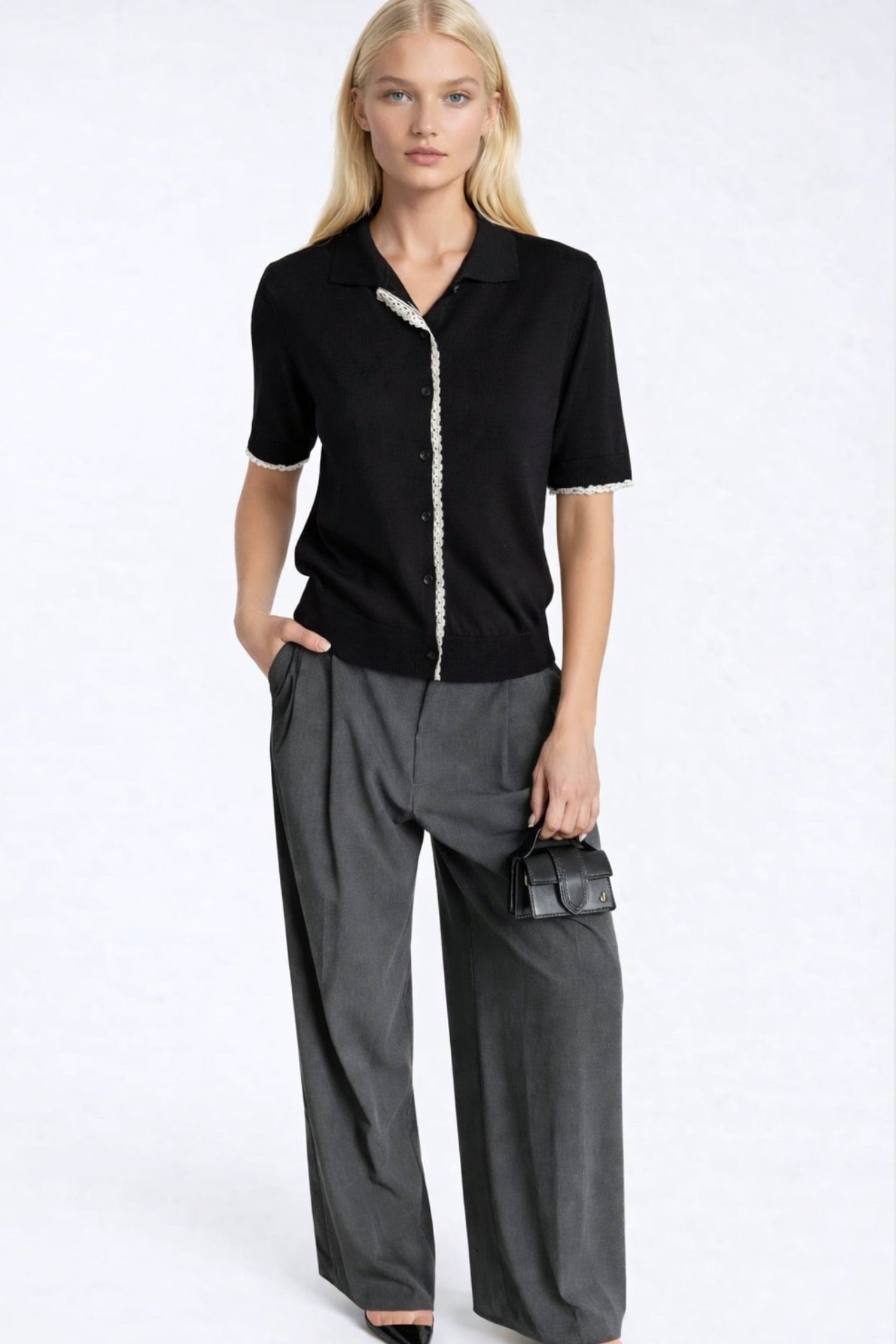 Polo Collar Lace Detail Buttoned Black Knit Blouse