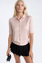 Pink Knitted Polo Blouse with Lace Detail and Buttons