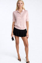 Polo Collar Lace Detail Buttoned Pink Knit Blouse