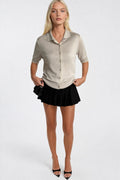 Polo Collar Lace Detail Buttoned Beige Knit Blouse