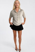 Polo Collar Lace Detail Buttoned Beige Knit Blouse
