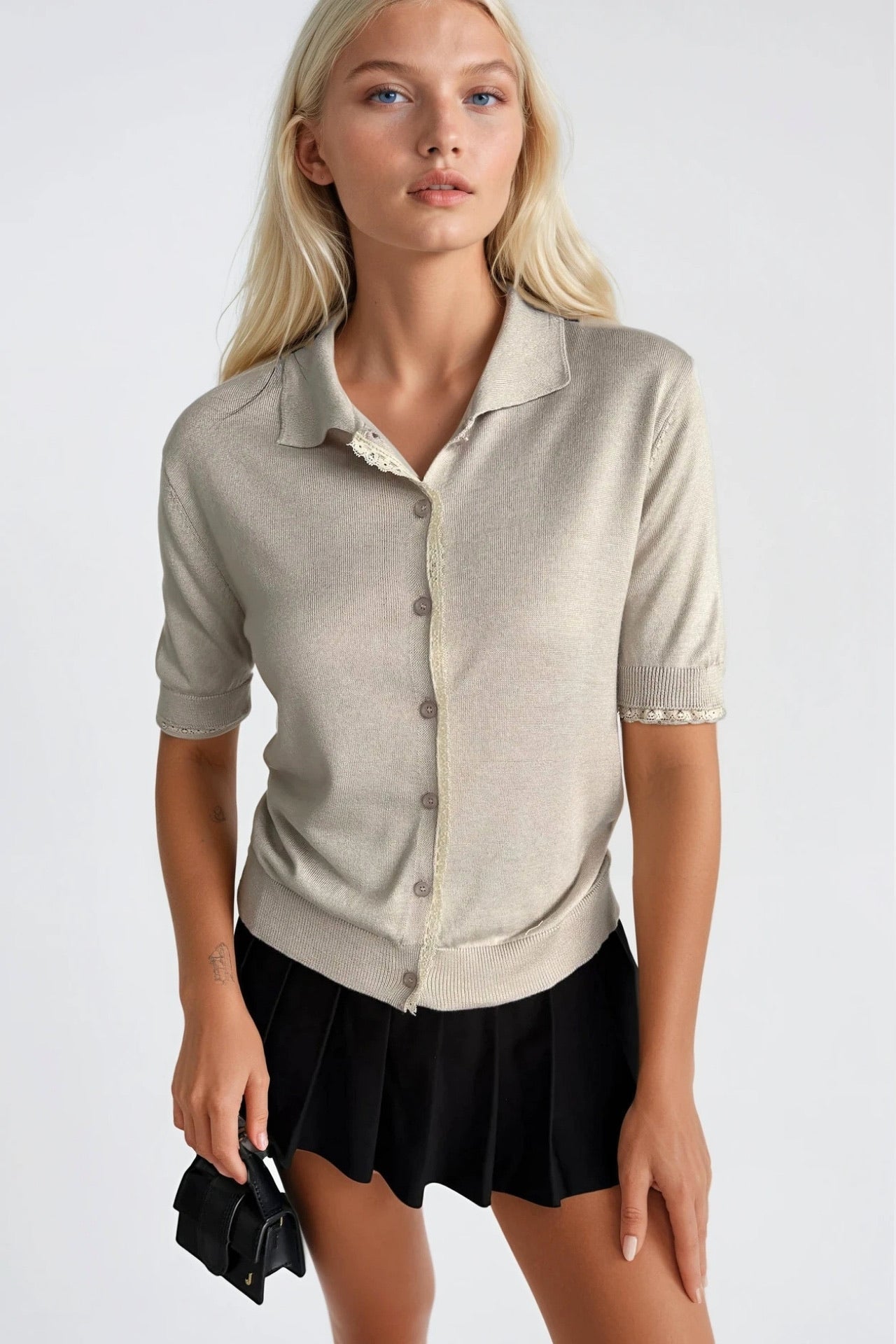 Polo Collar Lace Detail Buttoned Beige Knit Blouse