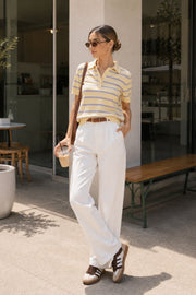 Yellow Striped Knit Blouse with Polo Collar and Button Detail