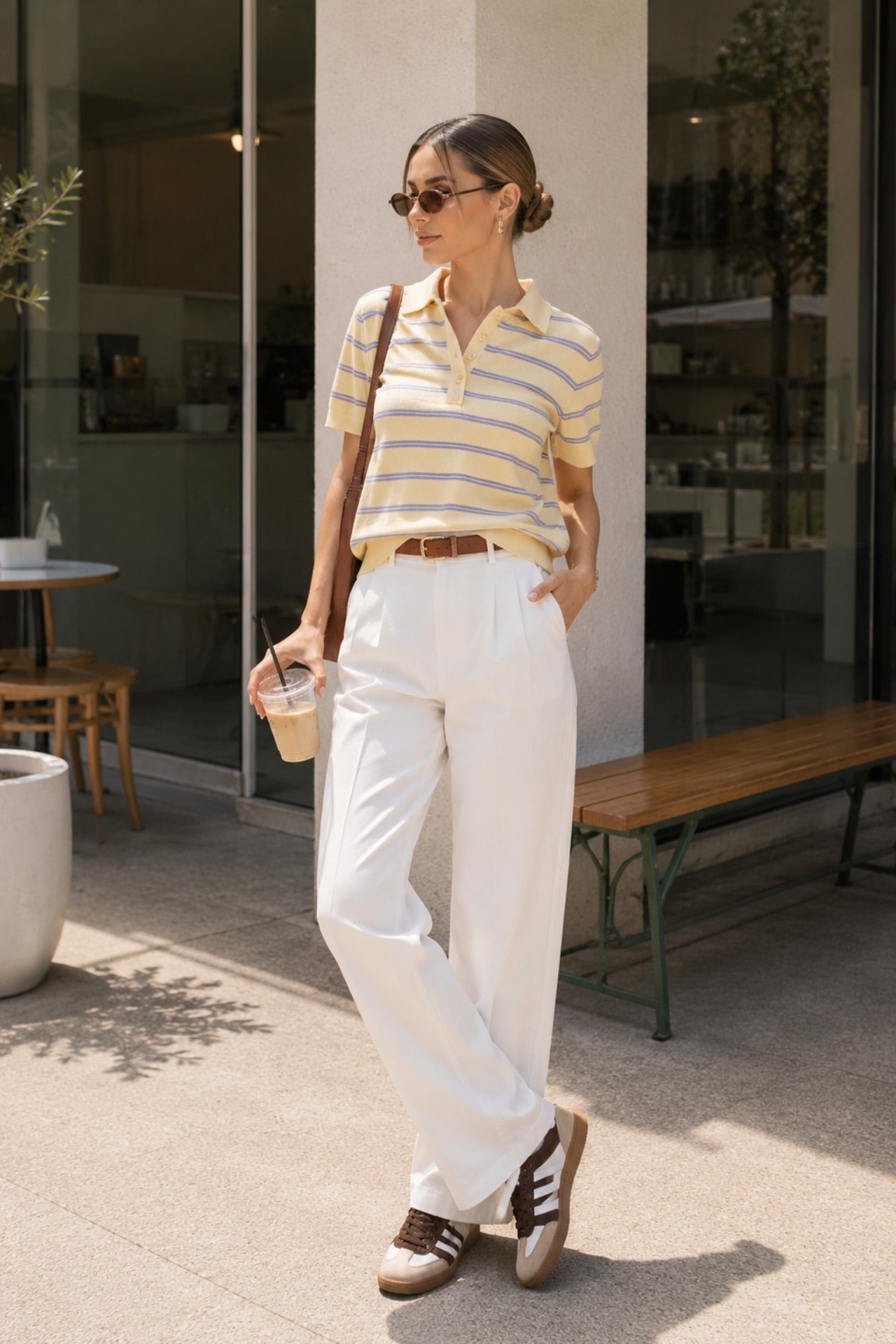 Polo Neck Button Detail Striped Yellow Knitwear Blouse