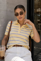 Polo Neck Button Detail Striped Yellow Knitwear Blouse