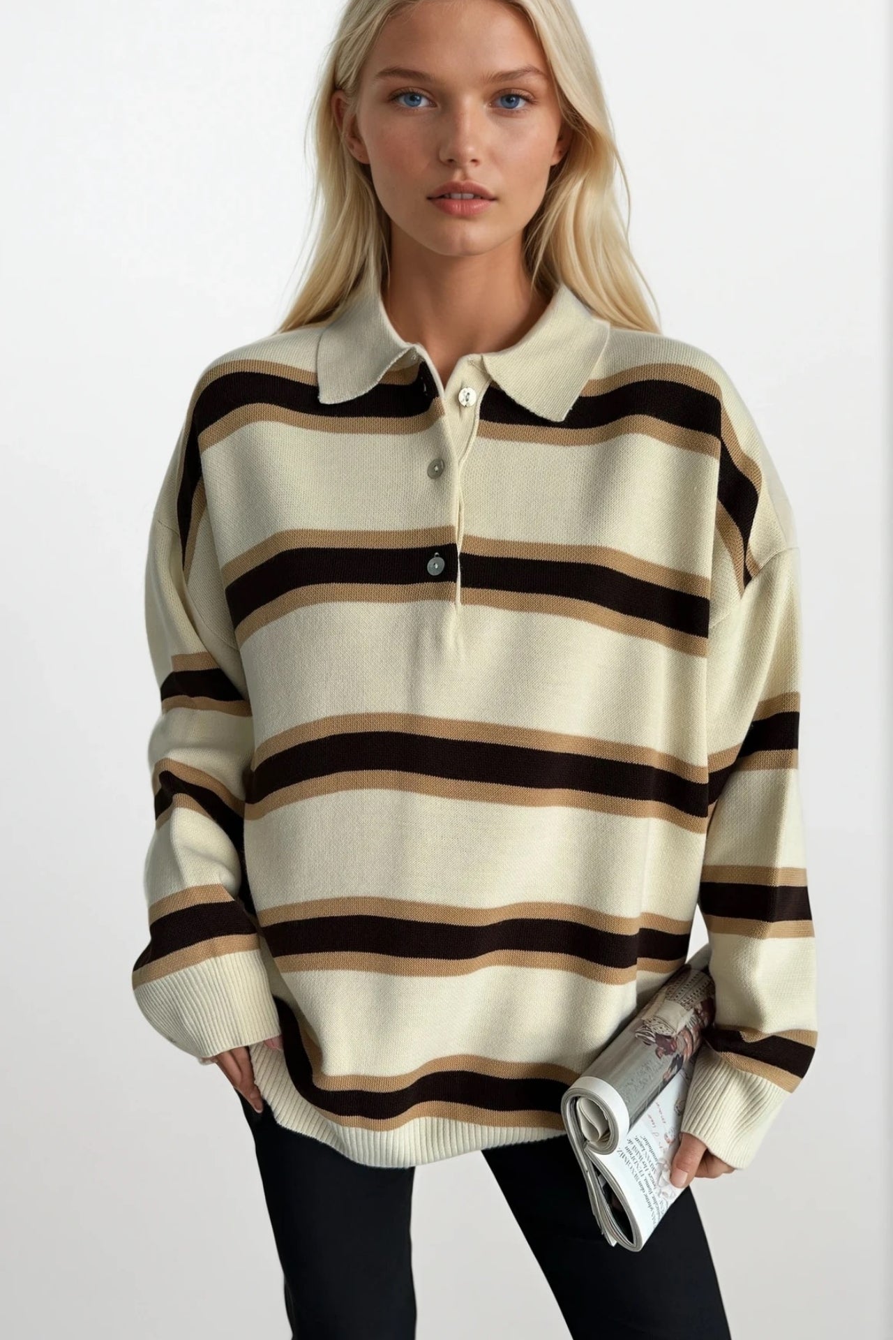 Polo Collar Button Detail Beige Striped Knit Sweater