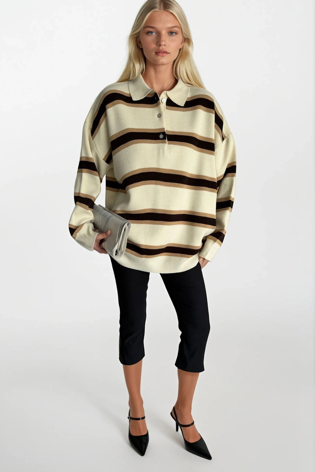 Polo Collar Button Detail Beige Striped Knit Sweater