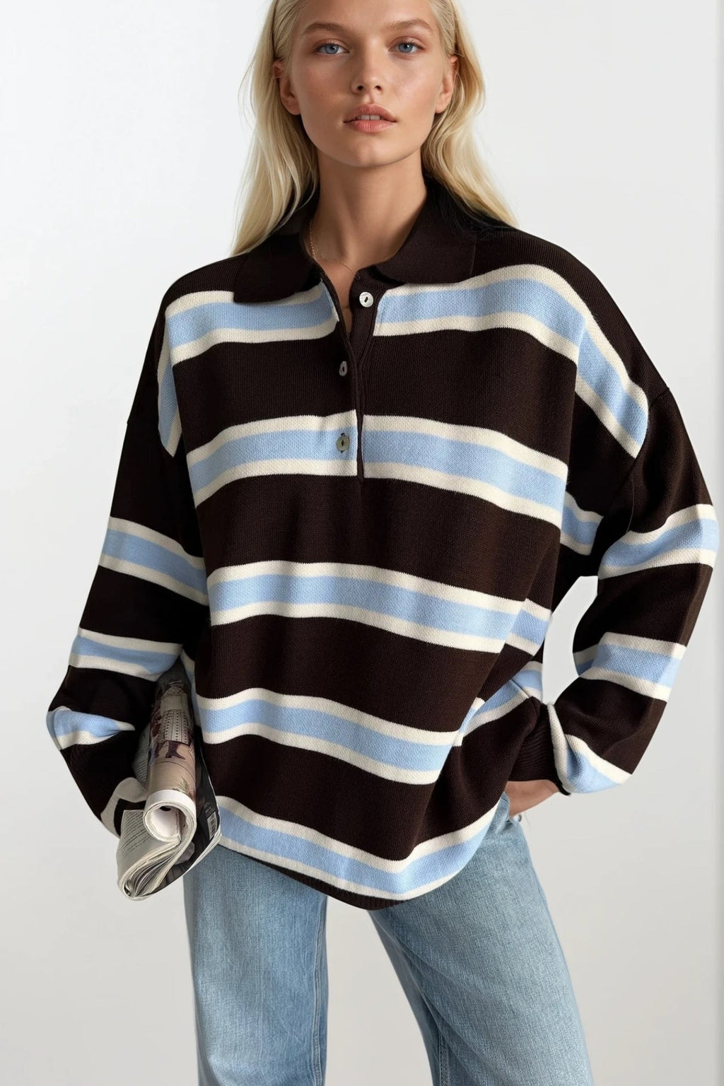 Polo Collar Button Detail Brown Striped Knit Sweater