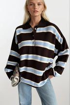 Polo Collar Button Detail Brown Striped Knit Sweater