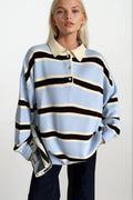 Polo Collar Button Detail Striped Blue Knit Sweater