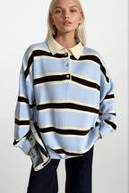 Polo Collar Button Detail Striped Blue Knit Sweater