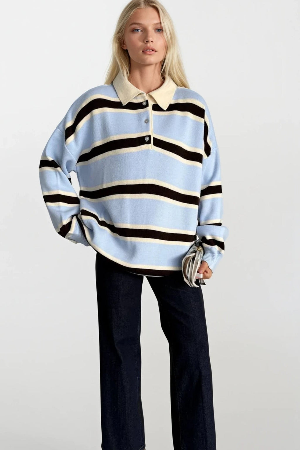 Polo Collar Button Detail Striped Blue Knit Sweater