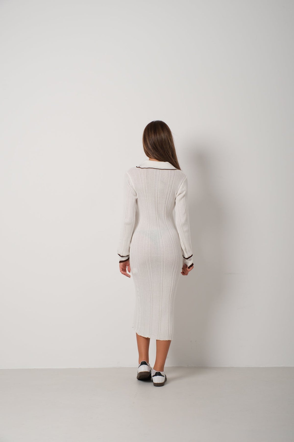 Polo Collar Buttoned White Dress