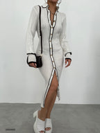Polo Collar Buttoned White Dress