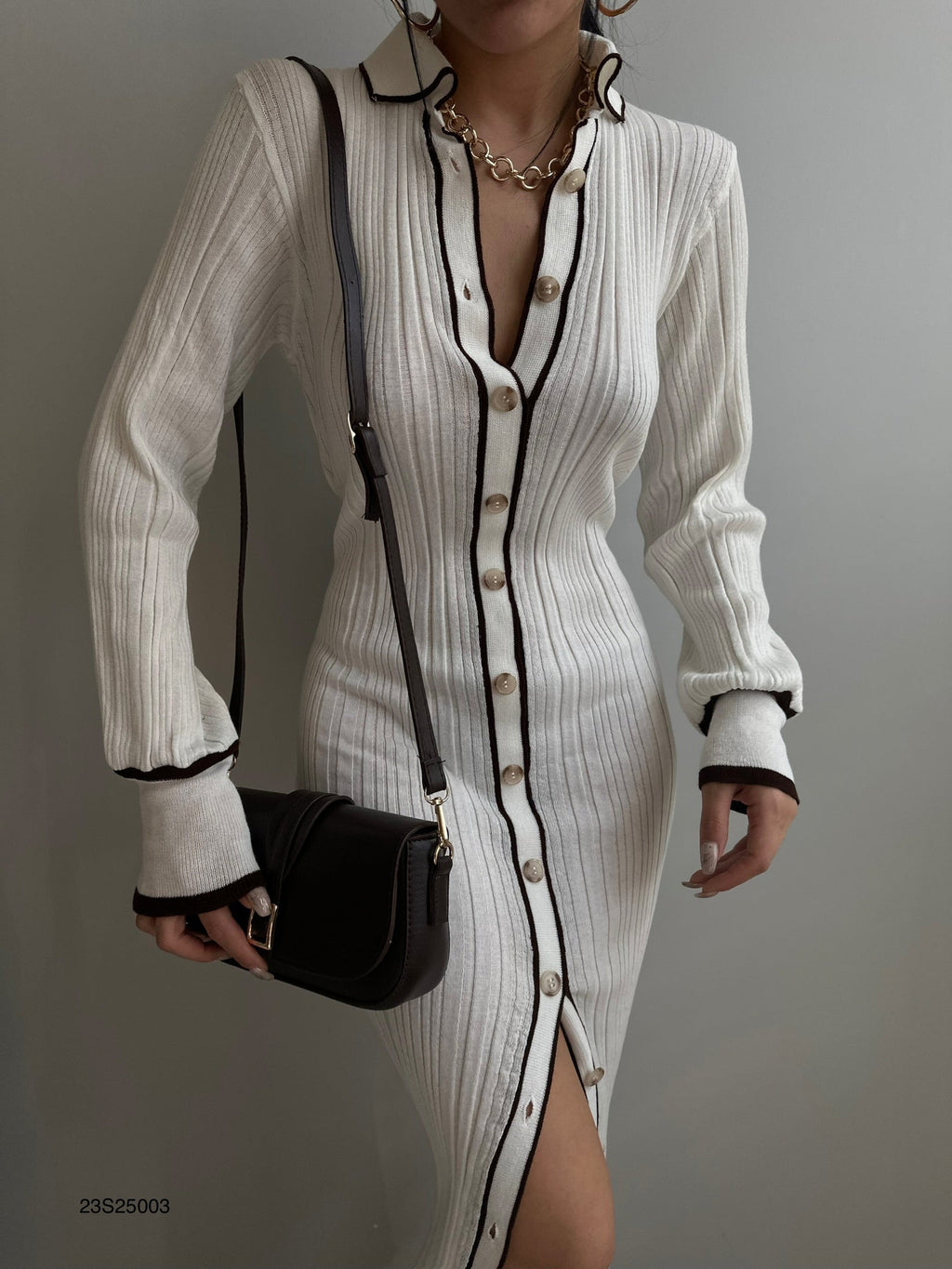 Polo Collar Buttoned White Dress