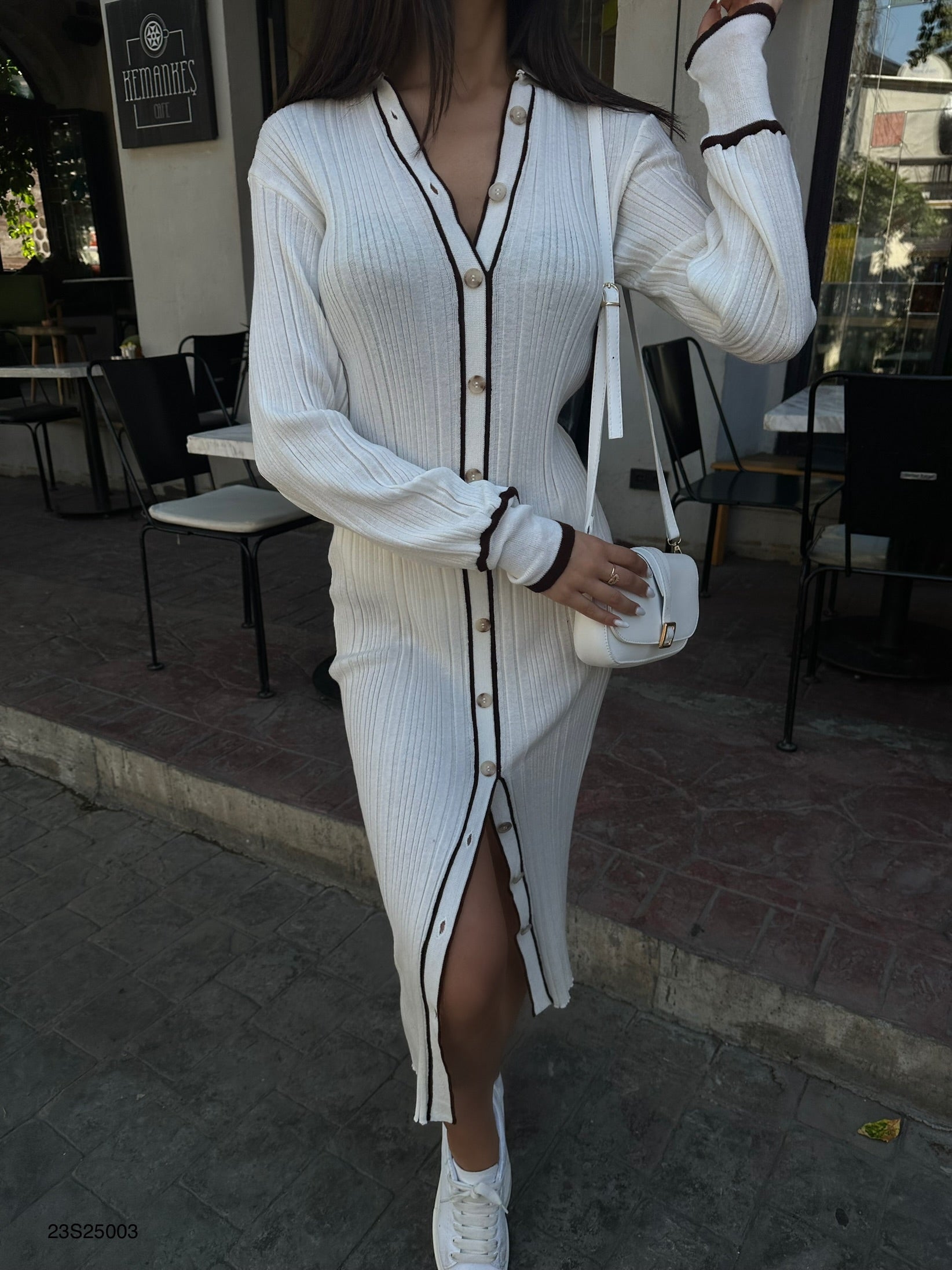 Polo Collar Buttoned White Dress