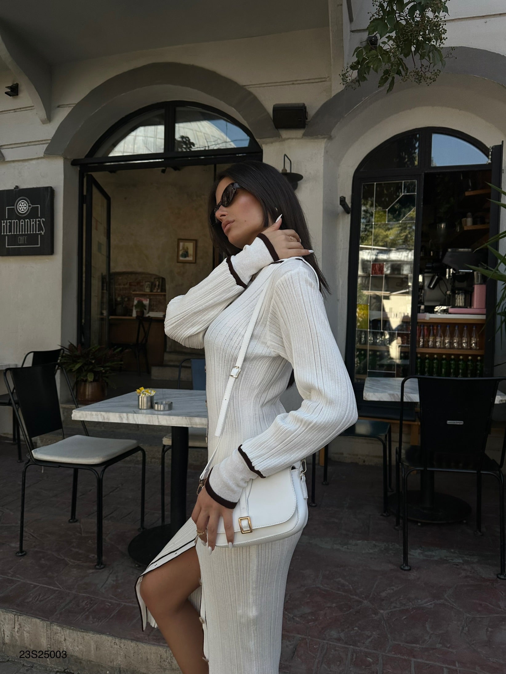 Polo Collar Buttoned White Dress