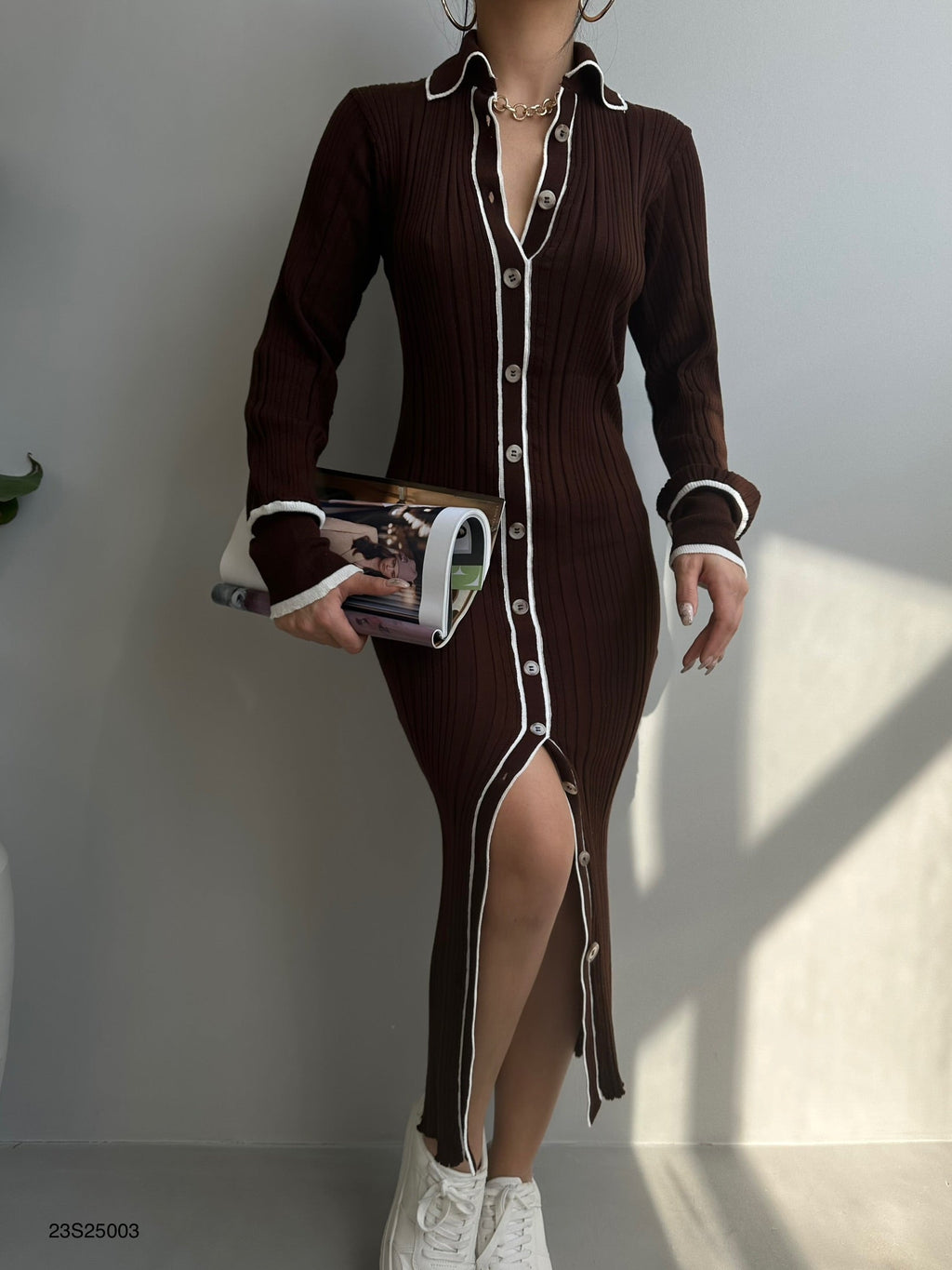 Polo Collar Buttoned Brown Dress
