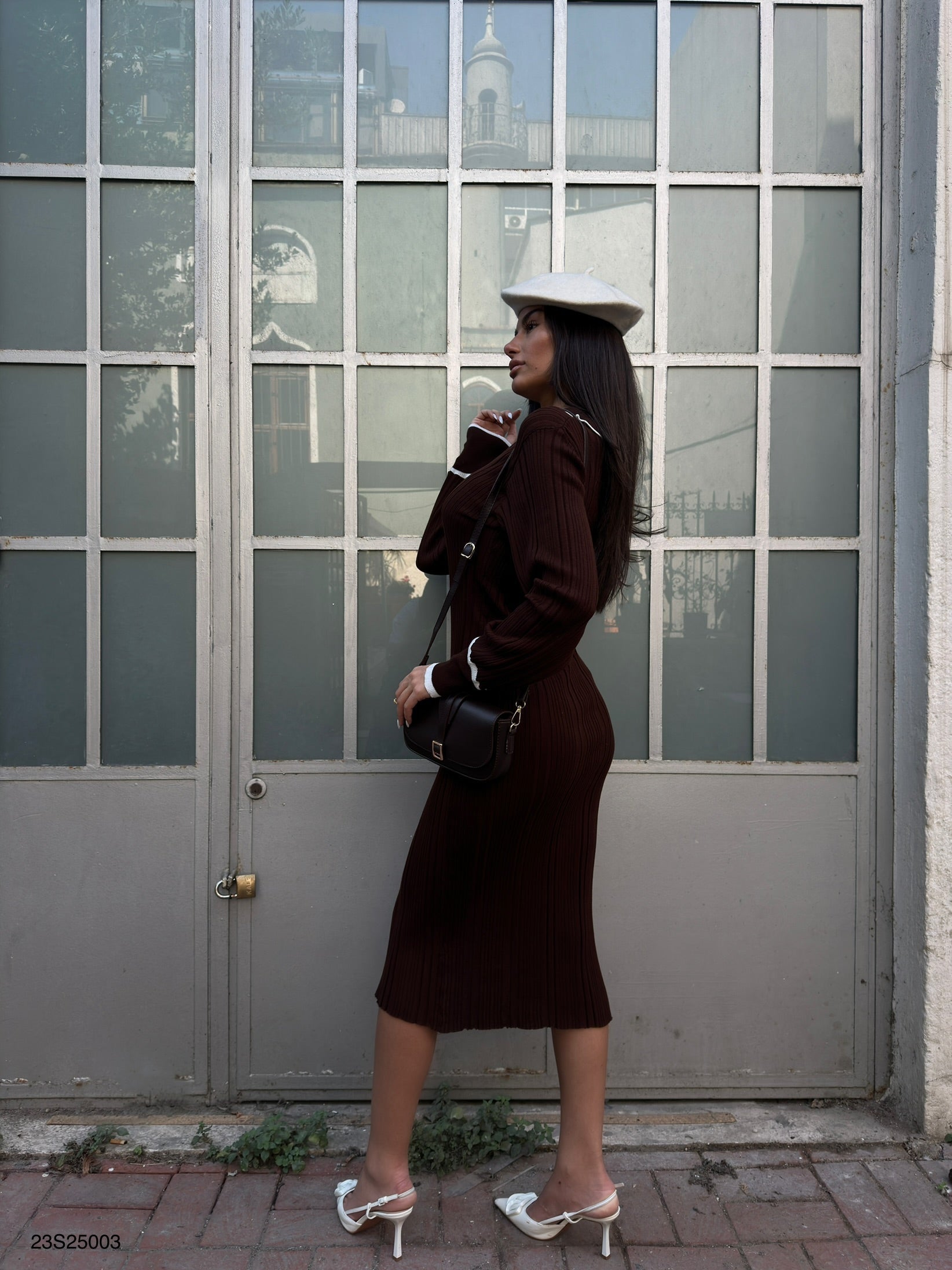 Polo Collar Buttoned Brown Dress