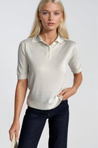 Polo Collar Buttoned Short Sleeve White Knit Blouse