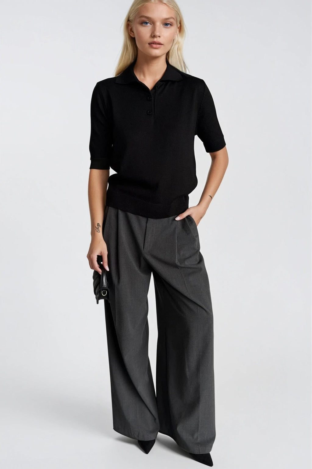 Polo Collar Buttoned Short Sleeve Black Knit Blouse