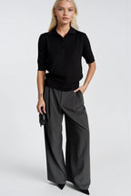 Polo Collar Buttoned Short Sleeve Black Knit Blouse