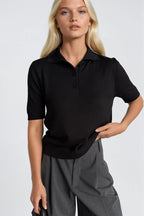Polo Collar Buttoned Short Sleeve Black Knit Blouse