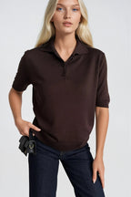 Polo Collar Buttoned Short Sleeve Brown Knit Blouse