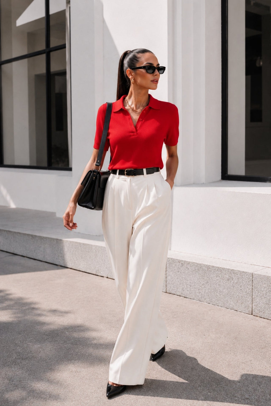 Red Knitted Short Sleeve Polo Blouse
