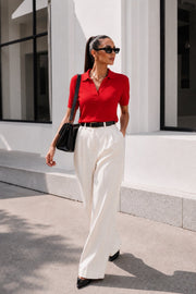 Red Knitted Short Sleeve Polo Blouse