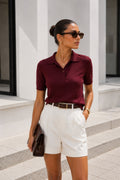 Burgundy Knit Short Sleeve Polo Button Blouse