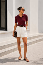 Burgundy Knit Short Sleeve Polo Button Blouse