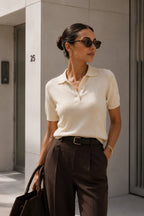 Ecru Knitted Polo Shirt with Short Sleeves