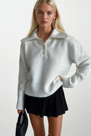 Ecru Buttoned Polo Neck Knitwear Sweater