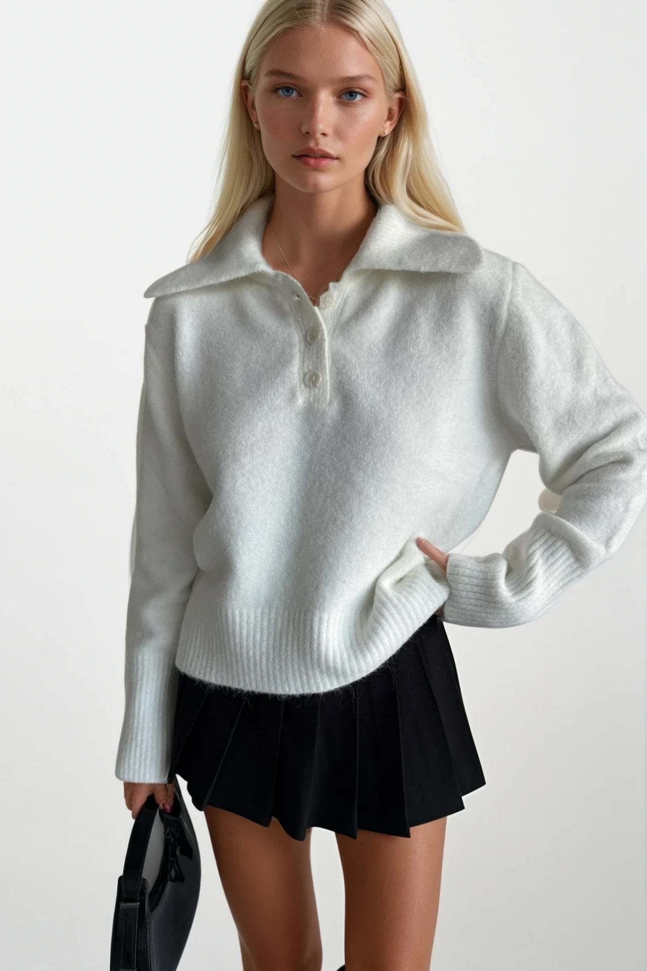 Polo Collar Ecru Buttoned Knit Sweater