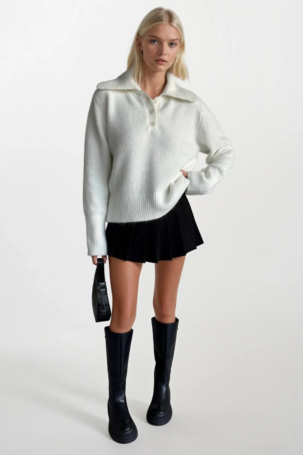 Polo Collar Ecru Buttoned Knit Sweater