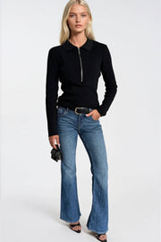 Black Knitted Polo Neck Blouse with Zipper Detail
