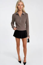 Polo Collar Zipper Detail Beige Knit Blouse