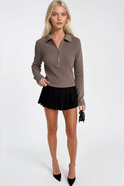 Polo Neck Zipper Detail Beige Knit Blouse