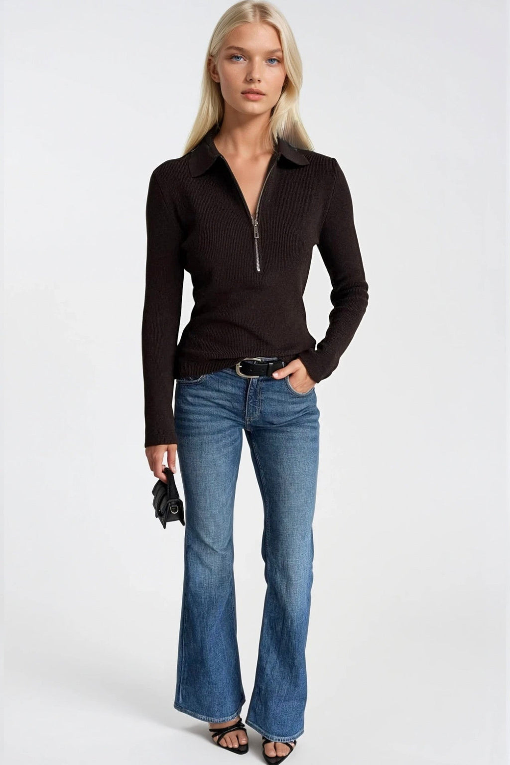 Polo Collar Zipper Detail Brown Knit Blouse