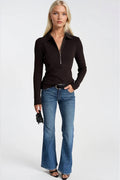Polo Collar Zipper Detail Brown Knit Blouse