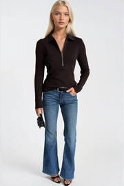 Polo Neck Zip Detail Brown Knit Blouse